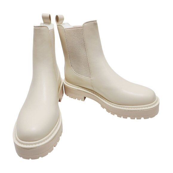 Womens Cream Chelsea Ankle Boots W/ Lug Sole Slip-On Leather Upper Size 9.5 - Picture 8 of 13